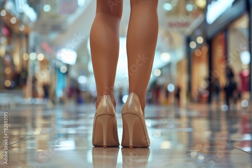 Legs of a woman on high heels with a blurred background in shopping mall.