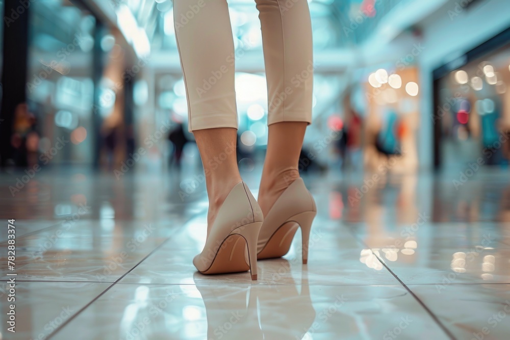 Woman's legs in beige stiletto heels, she is standing on the floor inside shopping mall. Woman's legs in beige stiletto heels, she is standing on the floor inside shopping mall.