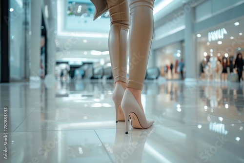 Woman's legs in beige stiletto heels, she is standing on the floor inside shopping mall.