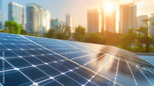 Close up solar panel with city skyline background in sunlight.