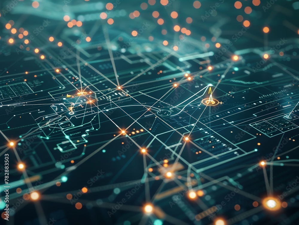 Obraz premium A futuristic digital map that showcases interconnected networks and data transfer