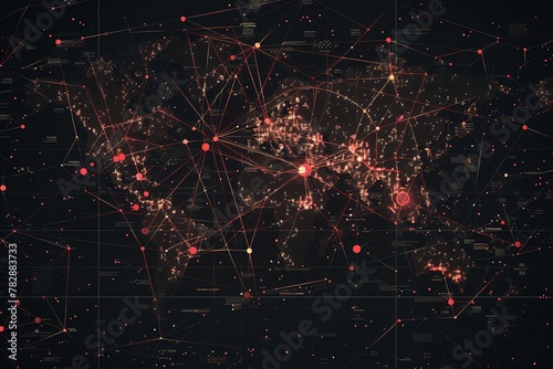 Create an abstract digital map with interconnected nodes and lines representing a global network
