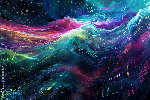 Depict the flow of information in a digital landscape using vibrant colors and textures