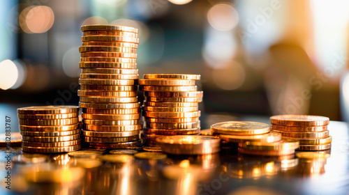 Stacks of coins on a table, representing financial growth, savings, investment, or wealth, with a blurred background.
