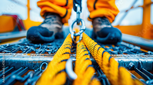 Close-up of a person's feet in boots standing on a rope grid with a carabiner and climbing equipment. Focus on safety gear.