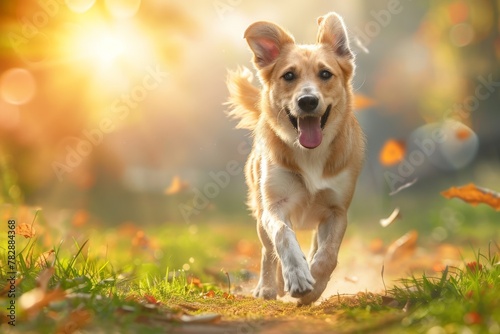 funny puppy dog red Corgi fun runs on green meadow sticking out language and raising paws. Beautiful simple AI generated image in 4K, unique.