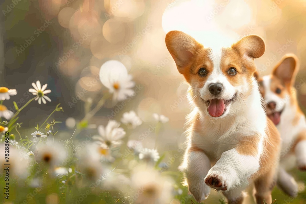 Happy Welsh Corgi puppy runs through the autumn grass and foliage in the park at sunset. Beautiful simple AI generated image in 4K, unique. Happy Welsh Corgi puppy runs through the autumn grass and foliage in the park at sunset. Beautiful simple AI generated image in 4K, unique.