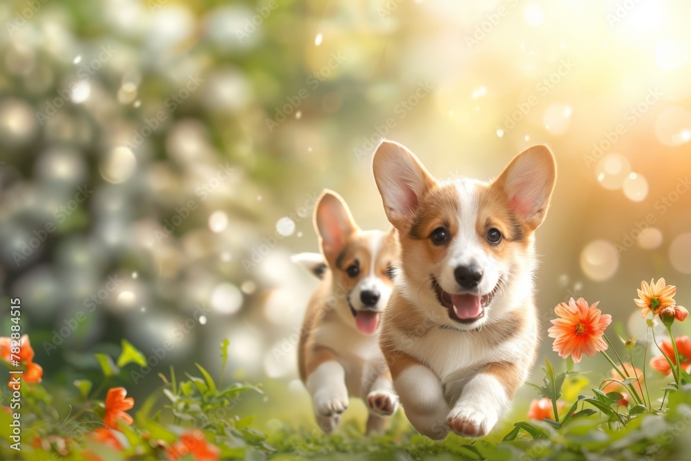 A corgi dog runs through the autumn forest. Beautiful simple AI generated image in 4K, unique. A corgi dog runs through the autumn forest. Beautiful simple AI generated image in 4K, unique.
