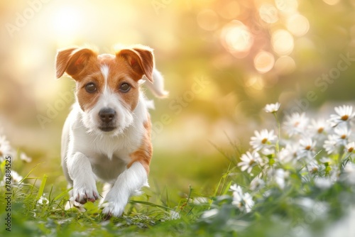 Cute smiling Pembroke Welsh Corgi puppy running in a summer sunny meadow surrounded by pink and yellow daisies. Beautiful simple AI generated image in 4K, unique.