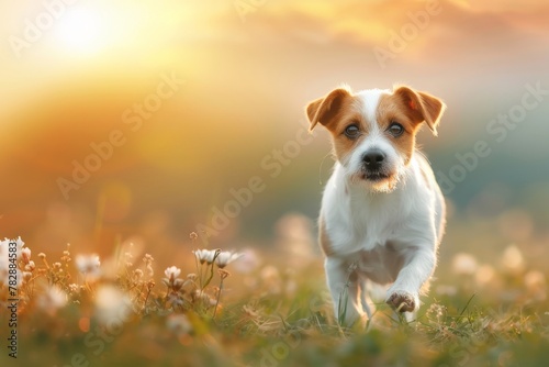 Happy Welsh Corgi puppy runs through the autumn grass and foliage in the park at sunset. Beautiful simple AI generated image in 4K, unique.