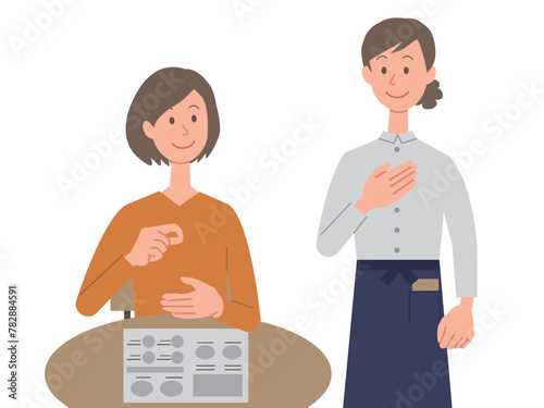 手話で注文する女性と答える女性店員のイラスト