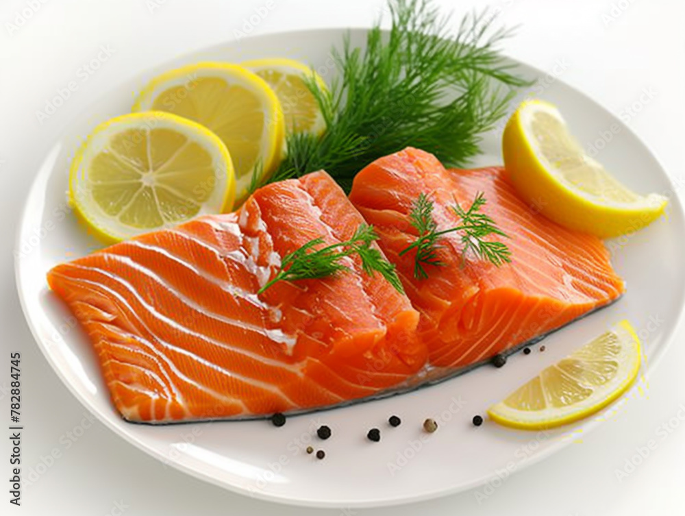 Slice of salmon on a plate isolated on white background. Fresh and raw. Slice of salmon on a plate isolated on white background. Fresh and raw.