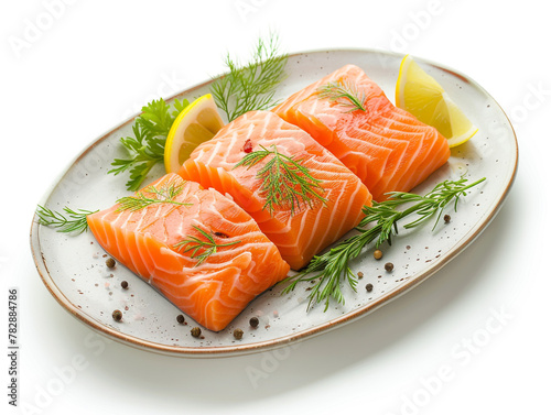 Slice of salmon on a plate isolated on white background. Fresh and raw. 