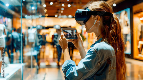 Woman in a denim jacket using virtual reality headset and holding a tablet in a busy, warmly-lit indoor space,Hyper-empathy AI and social commerce shopping