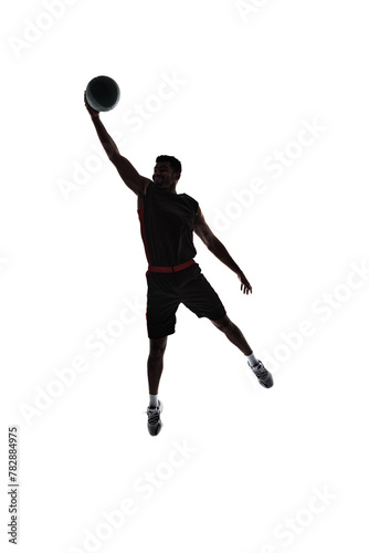 Slam dunk. Silhouette of basketball player in motion during game throwing ball in a jump isolated on white background. Silhouette. Concept of professional sport, competition, game, tournament, action