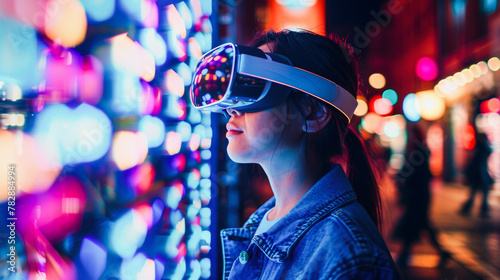 Woman experiencing virtual reality with a headset at night, vibrant lights amplifying the futuristic tech experience, Hyper-empathy AI and social commerce shopping