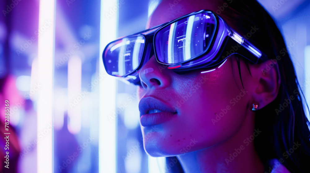 Woman wearing futuristic glasses with reflected neon lights, giving a cyberpunk vibe in a purplish-blue illuminated environment,Hyper-empathy AI and social commerce shopping Woman wearing futuristic glasses with reflected neon lights, giving a cyberpunk vibe in a purplish-blue illuminated environment,Hyper-empathy AI and social commerce shopping