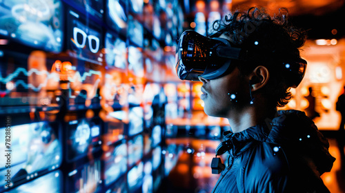 Person using virtual reality headset, immersed in high-tech environment with multiple screens displaying graphs and digital information,Hyper-empathy AI and social commerce shopping