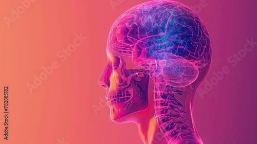 3D x-ray illustration of human brain from side view. The brain in glow color. Medical reference picture