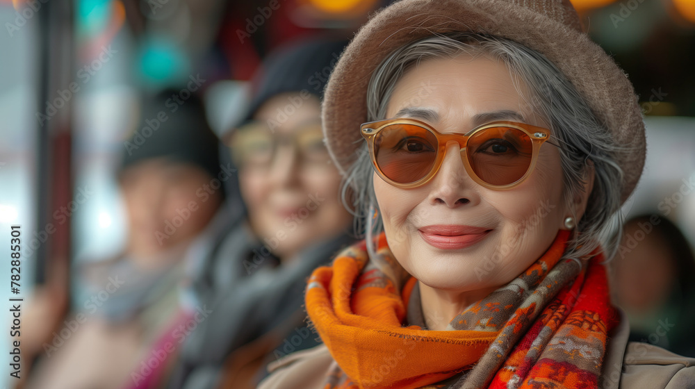A woman wearing a hat and sunglasses is smiling. She is surrounded by other women. Scene is cheerful and friendly. Photos of a group of middle-aged Asian beauties traveling.