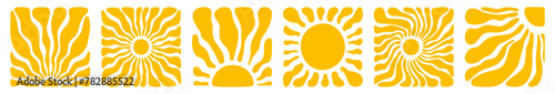 Sun groovy square design elements set. Various yellow floral hippie poster templates, hand drawn abstract wavy patterns in modern retro Matisse style. Vector illustration on transparent background