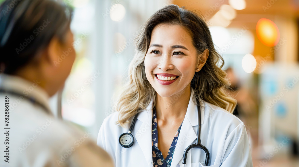 A smiling female healthcare professional with a stethoscope around her neck conversing with a colleague in a bright, indoor setting. A smiling female healthcare professional with a stethoscope around her neck conversing with a colleague in a bright, indoor setting.