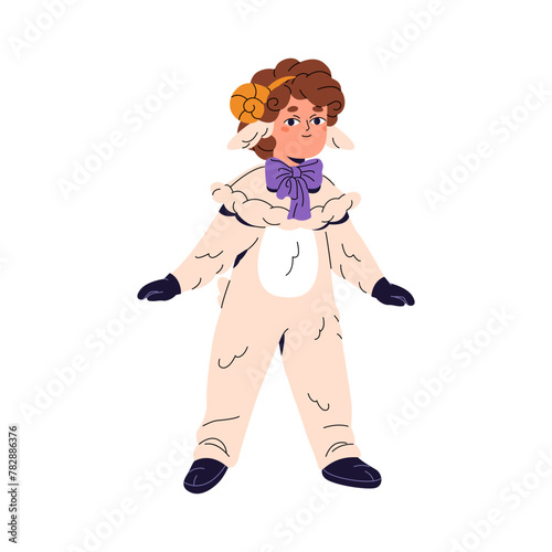 Kid in Halloween costume of little sheep. Cute child dressed in fluffy lamb suit. Children's dress of adorable animal for masquerade, carnival. Flat isolated vector illustration on white background