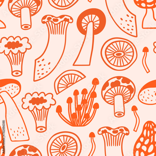 Mushroom seamless pattern in hand drawn outline style. Cute doodle vector print with boletus, enoki, toadstool and others. Big collection of edible and non-edible mushrooms.