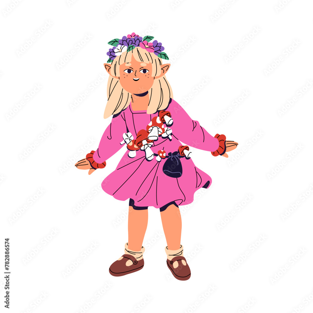 Little girl dressed in fairy costume for Halloween masquerade. Cute child wearing in faerie with mushrooms, floral wreath. Kid in carnival suit. Flat isolated vector illustration on white background
