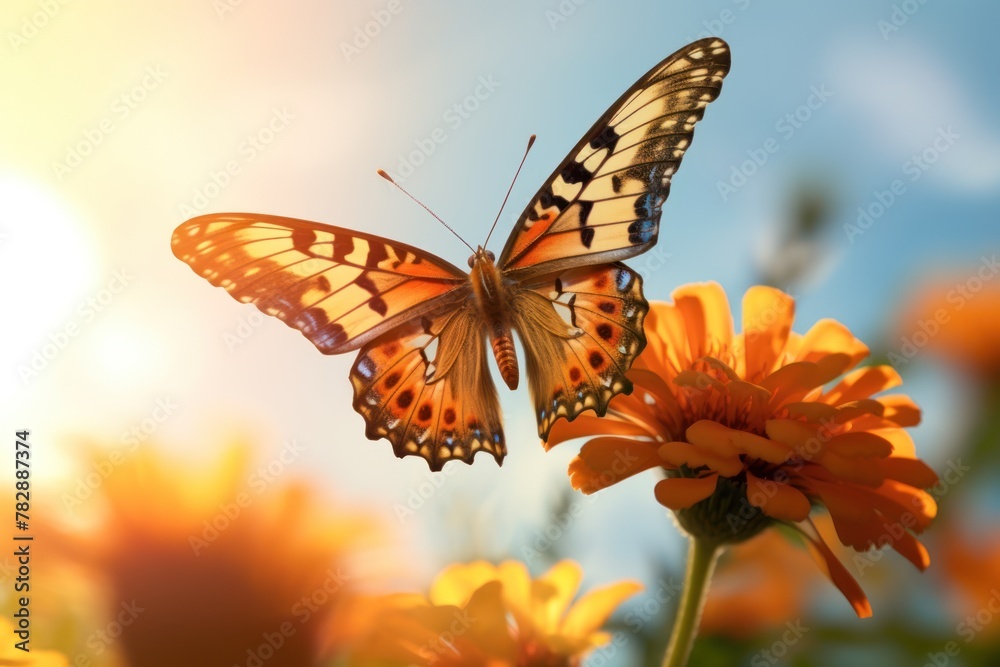 Obraz premium A butterfly is flying on a flower.