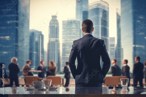 A businessman in a suit is having a meeting on the background of a skyscraper.  photo