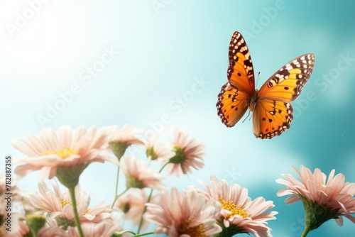 A butterfly is flying on a flower.  © venusvi