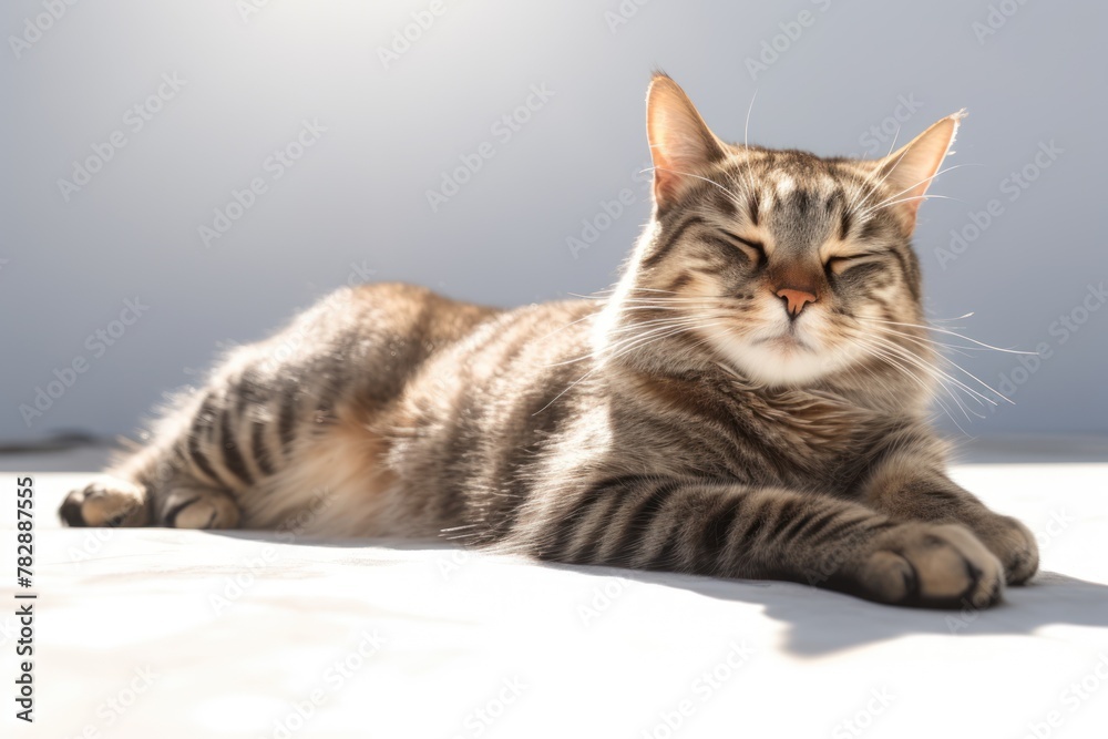 A tabby cat is sunbathing.