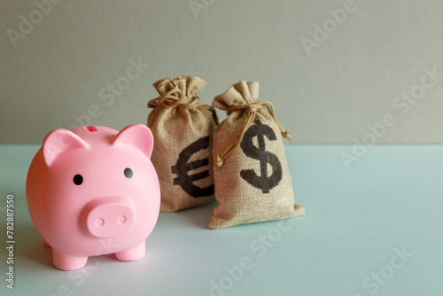 A piggy bank in the form of a pink pig and bags of money.
