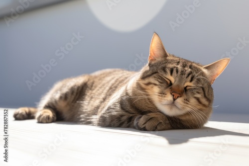 A tabby cat is sunbathing. © venusvi