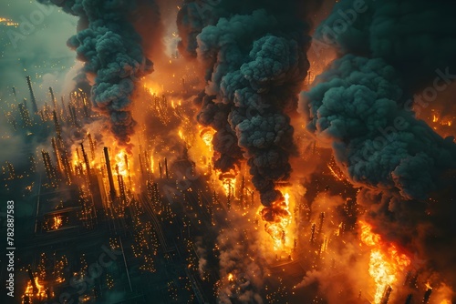Industrial Inferno: The Hazards of Refinery Fires. Concept Industrial Safety, Refinery Operations, Fire Prevention, Emergency Response, Hazardous Materials