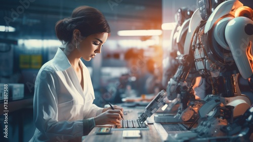  A woman wearing a lab coat expertly repairs a robot. On the background, a robot factory is full of modern tools.