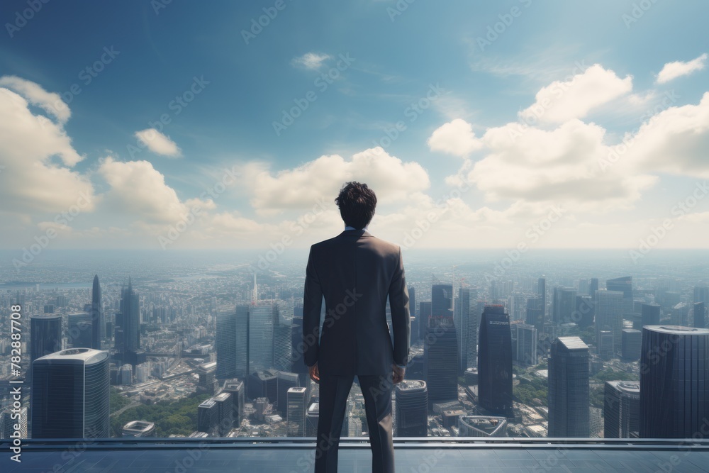 Anime style businessman standing on a skyscraper. Anime style businessman standing on a skyscraper.