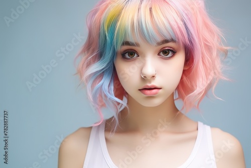 Anime style girl with big eyes and colorful hair 
