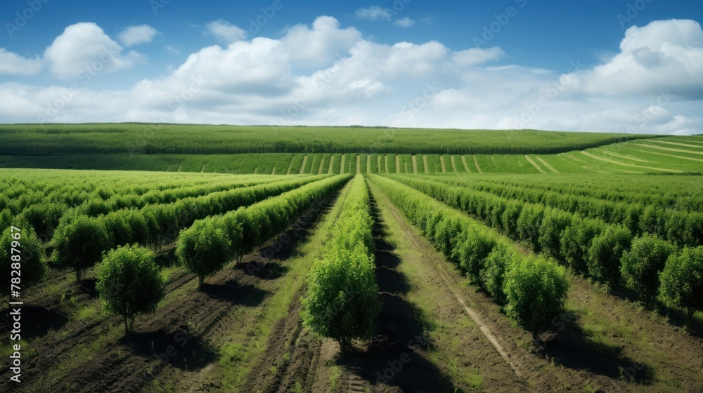 Biomass energy farm, fast-growing trees planted in rows on a background of green fields.