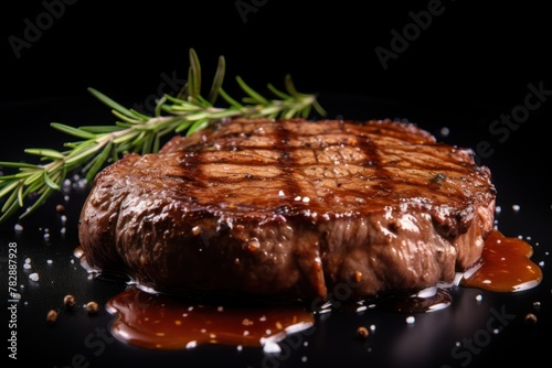 Beef steak, ribeye grilled medium rare, topped with gravy sauce, sprinkled with salt and pepper on a black plate.