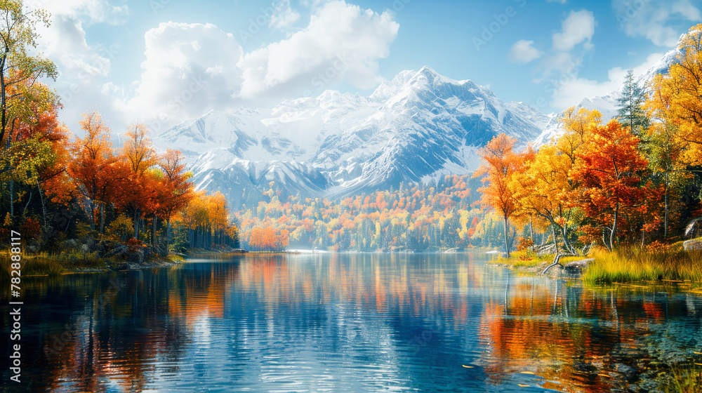 Autumn foliage by a serene lake with reflections, with snow-capped mountains in the backdrop under a cloudy sky. Autumn foliage by a serene lake with reflections, with snow-capped mountains in the backdrop under a cloudy sky.