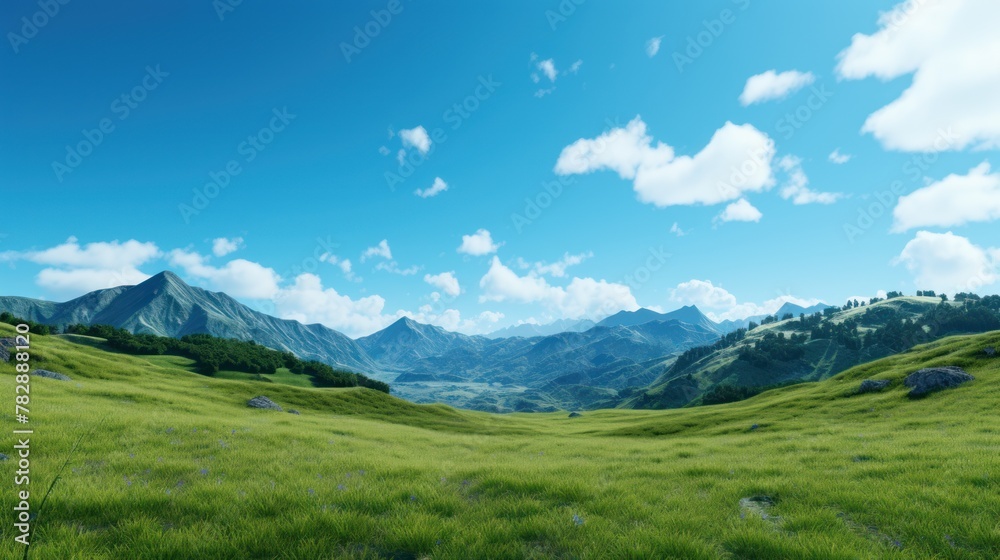  Bright, cloudless blue sky on a green mountain background. 
