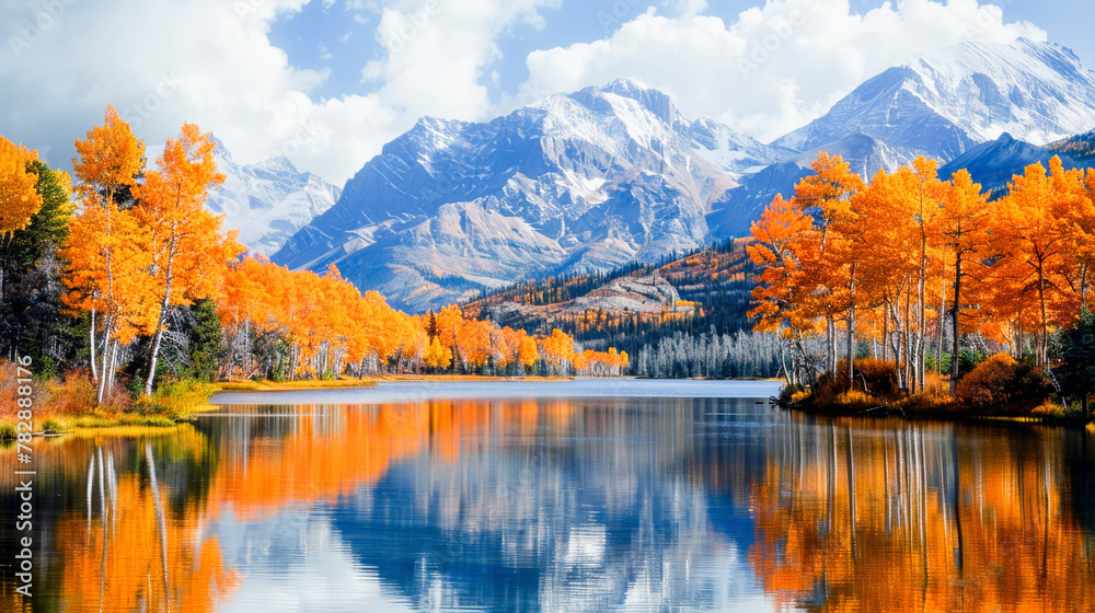 Autumn landscape with vivid orange trees, reflecting on a tranquil lake against a backdrop of majestic snow-capped mountains. Autumn landscape with vivid orange trees, reflecting on a tranquil lake against a backdrop of majestic snow-capped mountains.