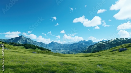  Bright  cloudless blue sky on a green mountain background. 