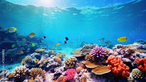  Brightly colored underwater corals and various types of fish on the background of blue sea water.  photo