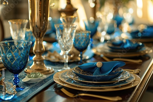 A lavish wedding reception or special day with a long dining table adorned with elegant blue and gold tableware. photo
