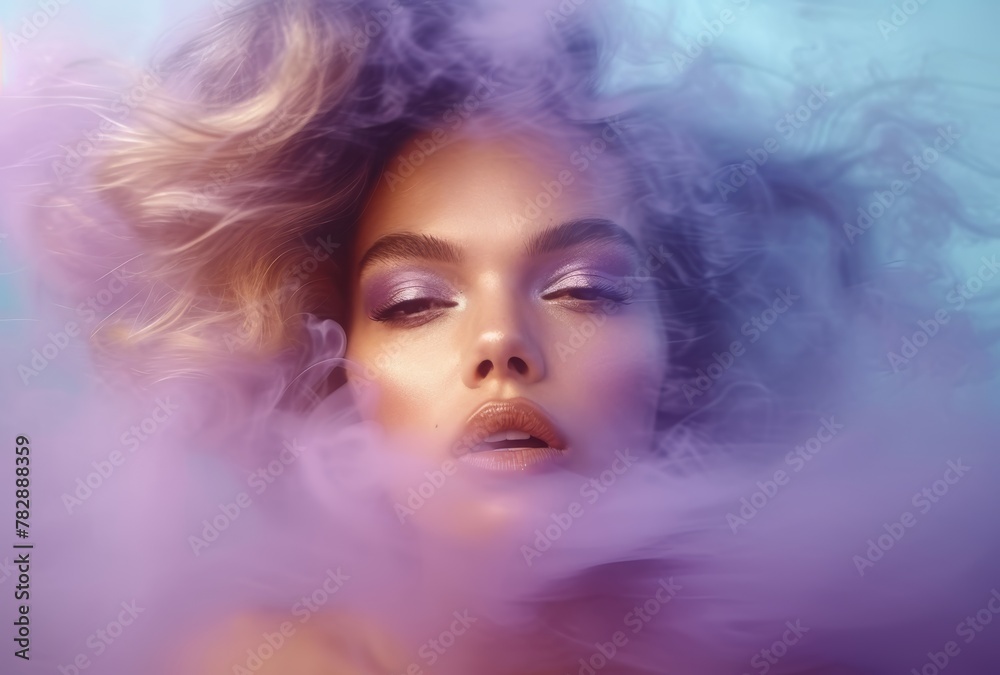 blonde beautiful woman making purple smoke with her hair