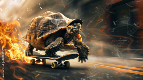 A tortoise is riding a skateboard with flames trace