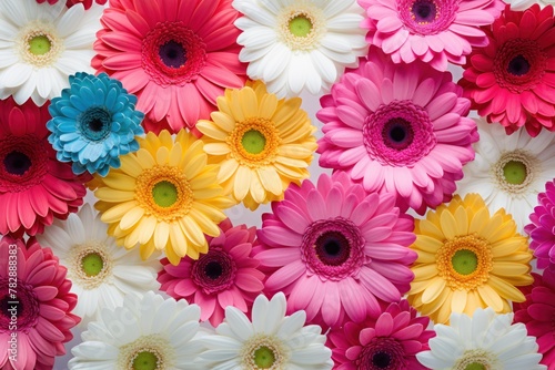 Colorful Gerbera flowers arranged in a graphic pattern 